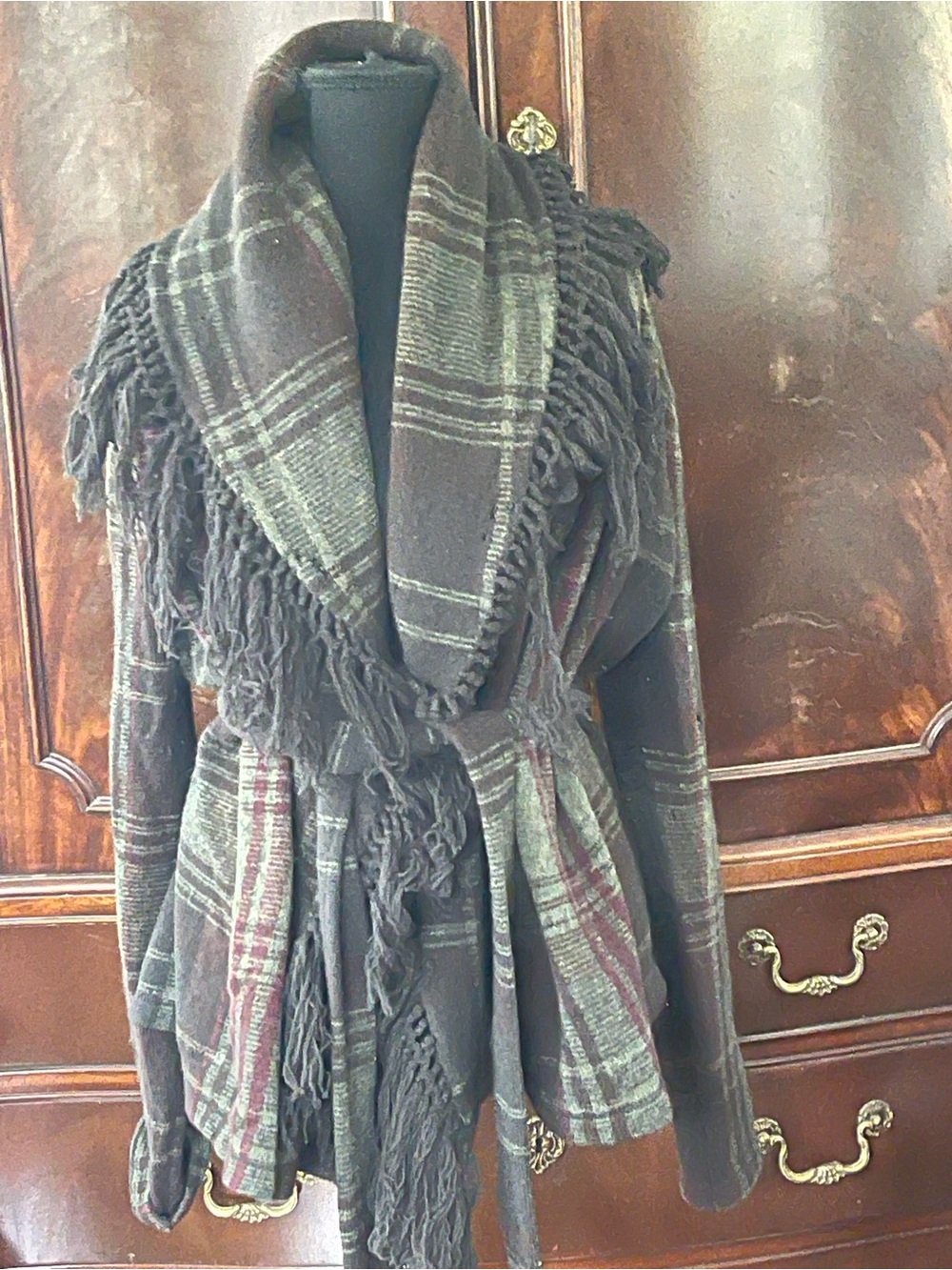 Vintage Ralph Lauren Fringed Plaid Wrap Cardigan 100% lambs wool